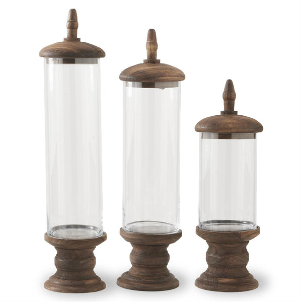 Glass Cylinder Containers w/Brown Wood Base