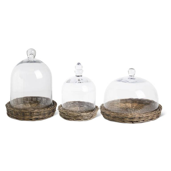 Glass Cloches w/Woven Wicker Trays