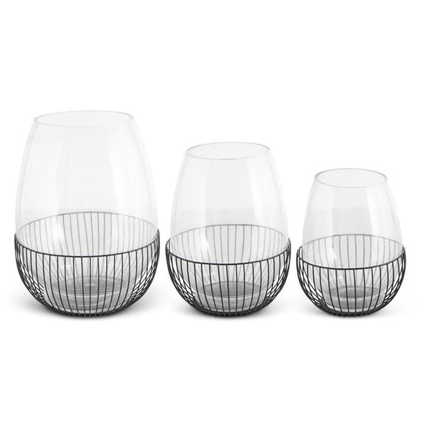 Glass Vases w/Black Metal Cage Base