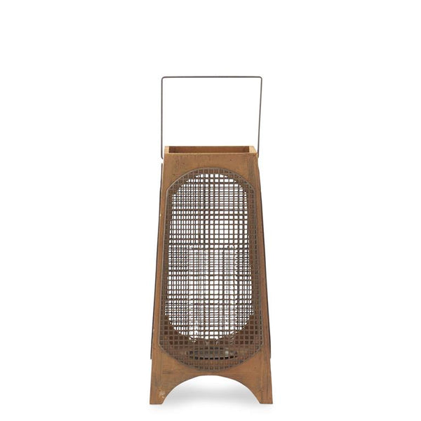 21.75 Inch Open Top Wood & Rusted Metal Grid Lantern