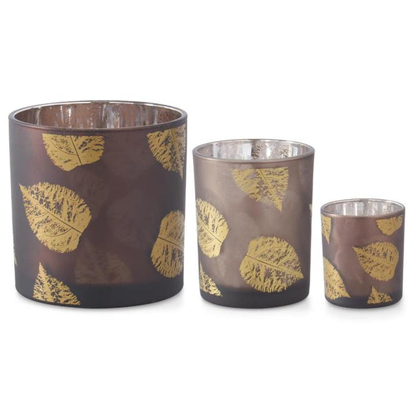 Brown Mirrored Interior Votives w/Gold Leaves