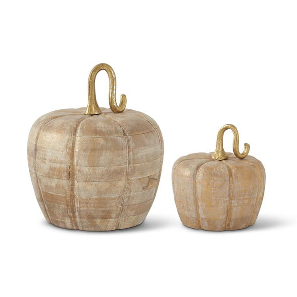 Distressed White & Gold Washed Wood Pumpkin