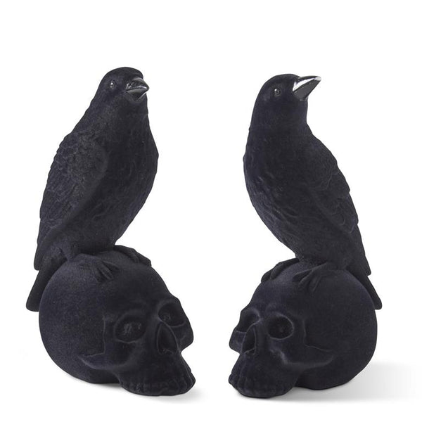 Black Velvet Flocked Resin Crows on Skulls
