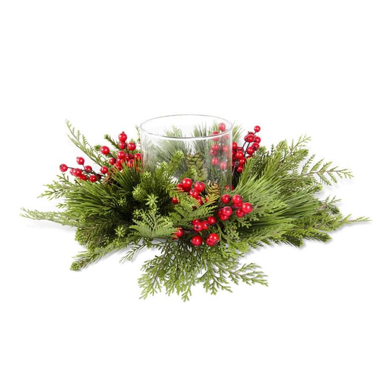 20 Inch Pine Cedar Mix & Red Berries Candle Ring