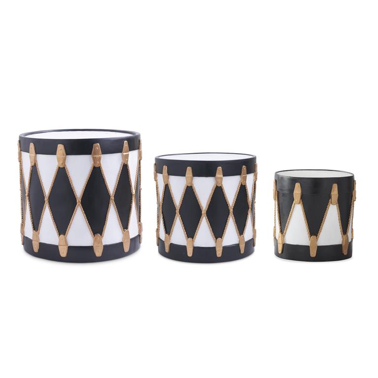 Set of 3 Resin Black White and Gold Drums
