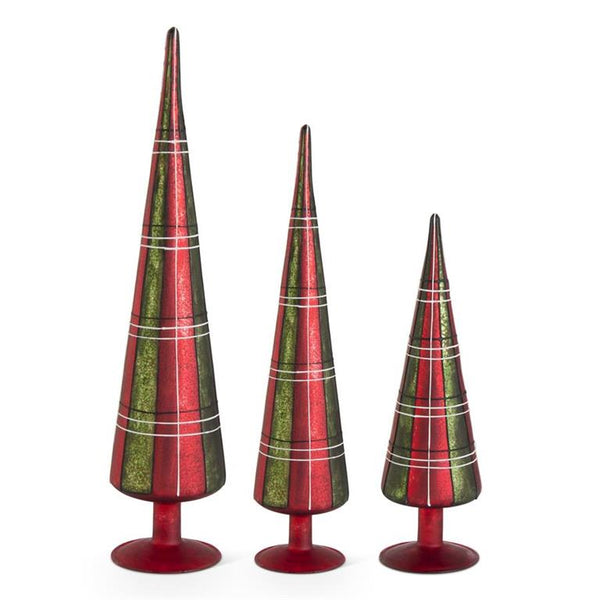 Set of 3 Red and Green Tartan Tabletop Glass Tree