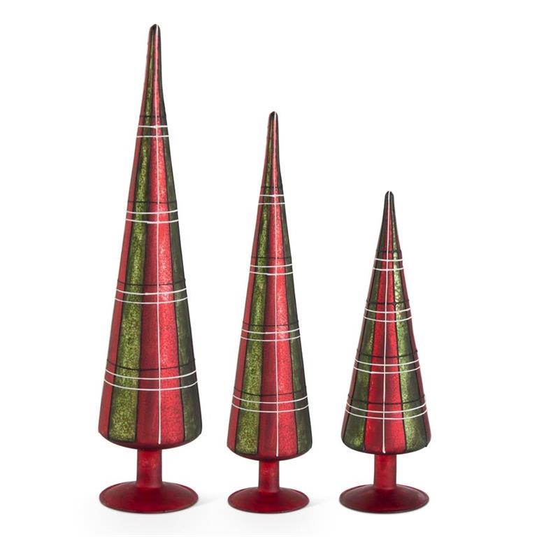 Set of 3 Red and Green Tartan Tabletop Glass Tree