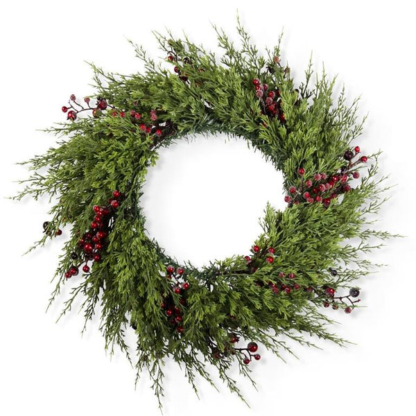 30 Inch Cypress Pine w/Dark Red Iced Berry Wreath