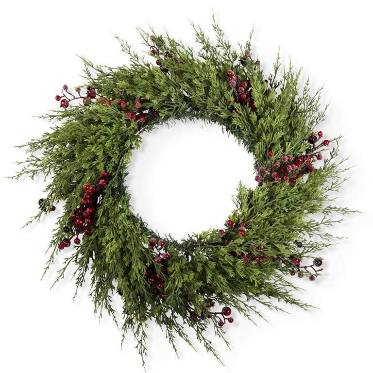30 Inch Cypress Pine w/Dark Red Iced Berry Wreath
