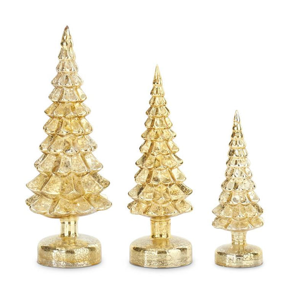 Set of 3 Gold LED Mercury Glass Trees on Pedestals