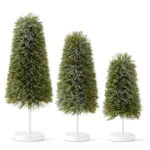 Set of 3 Glittered Snowy Pine Trees w/White Round Base