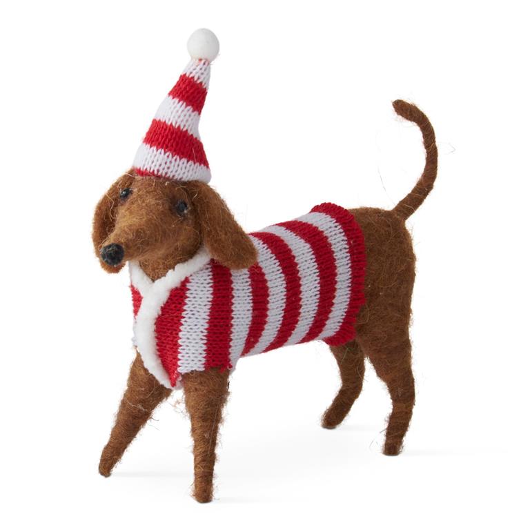 6.5 Inch Wool Dog w/Striped Hat & Sweater Ornament