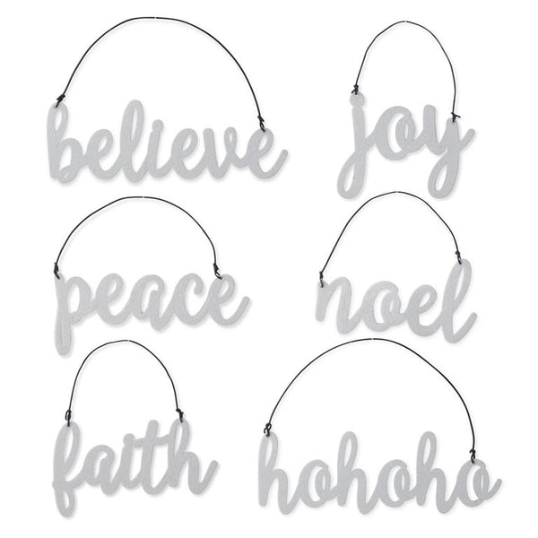 White Glittered Holiday Message Ornament