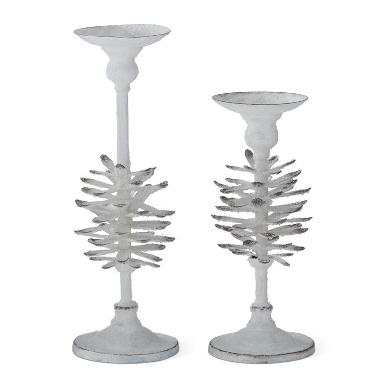 Set of 2 White Glittered Flocked Pinecone Candleholders