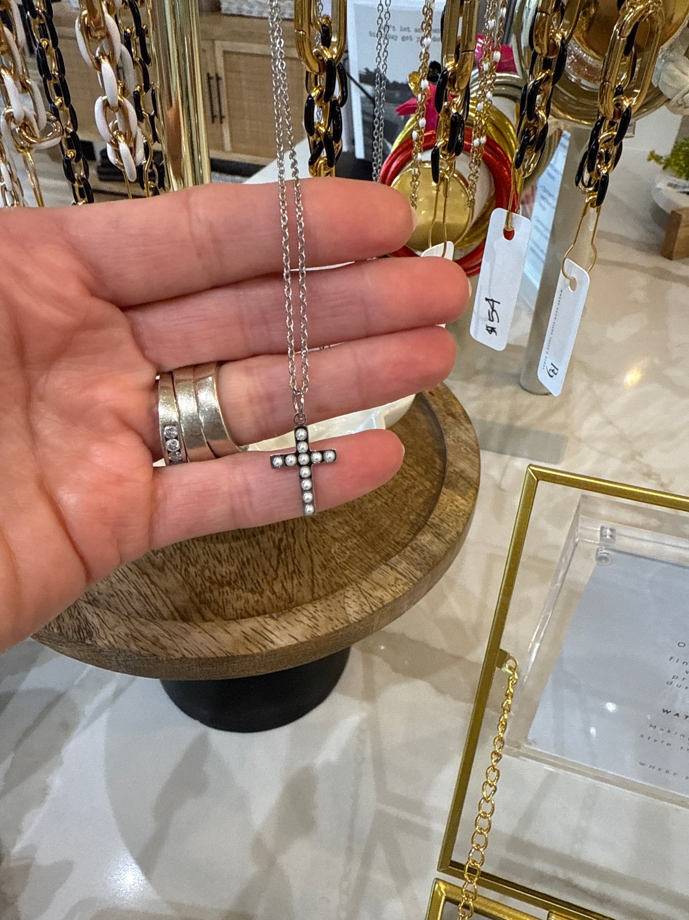 Silver Pearl Cross Necklace 18"